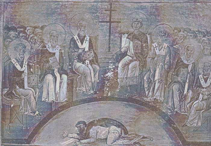 Druhý nikajský koncil. Odsouzení Areia v přítomnosti patriarchy a císaře (iluminace menologia Basileia II., 10. stol.)