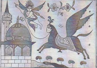 Naivní lidová kresba s motivem Muhammadovy noční pouti: anděl Gabriel drží za uzdu bájného oře Buráka a směřuje k Chrámové hoře v Jeruzalémě. Prorok sám však zobrazen není (malba na skle, Sýrie, 19. stol.)