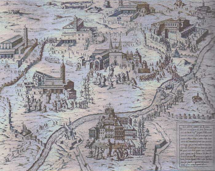 Poutní chrámy v Římě (rytina A. Lafreriho, 1575)