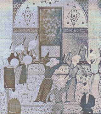 Členové řádu kádiríja při provozování zikru (miniatura, pozdně osmanská doba)