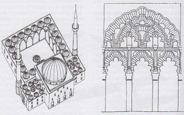 Vlevo: Turecké (osmanské) mešity mají většinou velkou centrální kopuli a soustavu nižších kopulí, jimiž bývá zastřešeno podloubí určené k odpočinku nebo modlitbám. Typické jsou „tužkovité“ minarety s 1–3 ochozy. Vpravo: 19) Oblouky córdobské mešity jsou jedním z projevů islámského vyumělkovaného slohu, tzv. mudéjavského stylu.